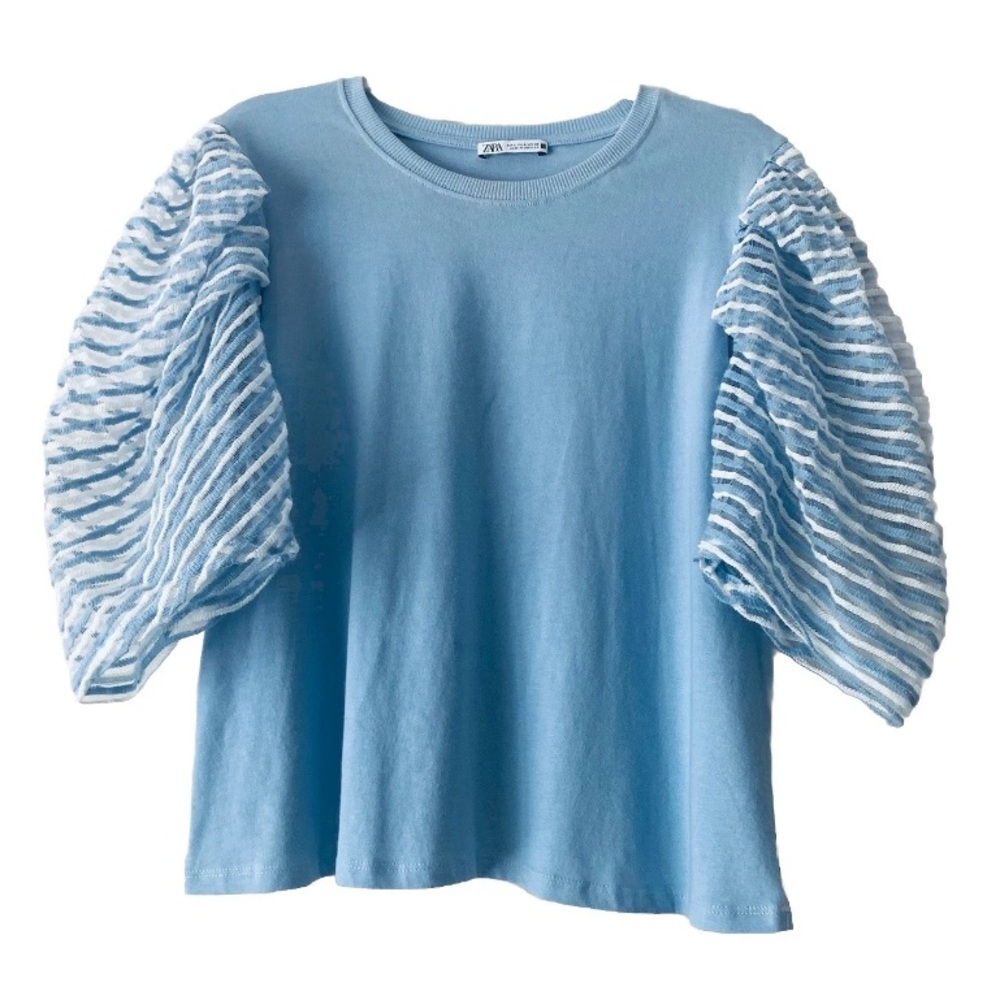 Zara Puff Sleeve Cropped Top Women Size L Light Blue Cottagecore Fairy Coquette